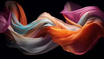 Mimic of a dancers movements echoing the flow of a silk scarf, dynamic lighting, stage setting