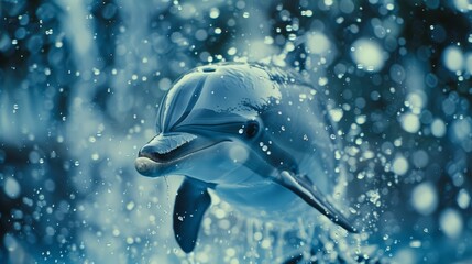   A tight shot of a dolphin in water, its face speckled with droplets, backdrop softly blurred