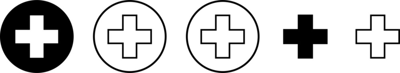 Plus Icons set. Add plus icon. Addition sign. Medical Plus icon.