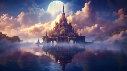 Temple on a floating island, ethereal clouds around, fantasy setting, surreal and enchanting