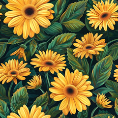 seamless pattern of gerbera daisies, cheerful yellow flowers with contrasting centers and green leaves on a dark background, in the style of vintage oil painting