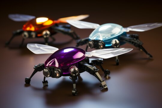 A trio of steampunk bugs made of shiny metal
