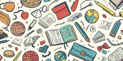 education icons in simple outline doodle design scattered on a flat full background