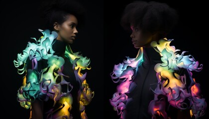 A woman wearing a colorful, light up jacket that looks like flower petals.