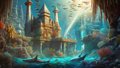 Mermaids and the charm of seahorses, a captivating and magical undersea realm. Submerged metropolis, mystical merfolk, marine charm. Generated by AI.
