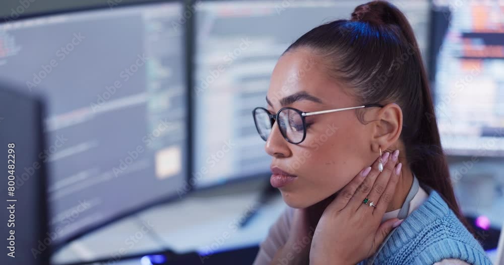 Poster Programmer, stress and neck pain with software, coding and web 3.0 project in office. Woman, cyber security and data for corporate, professional and ux computer technician with workplace break