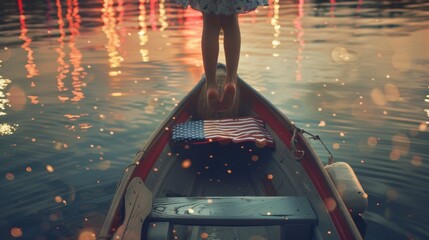Child's legs dangle from a boat adorned with American flags on July 4th. Child's legs hanging over the edge of a decorated boat symbolize American Independence Day. - Powered by Adobe