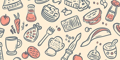 food and cooking icons in simple outline doodle design scattered on a flat full background