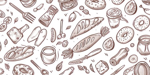 food and cooking icons in simple outline doodle design scattered on a flat full background