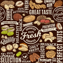 Typographic vector mixed nuts seamless pattern or background. Nut kernels and nutshells illustrations, vector food icons