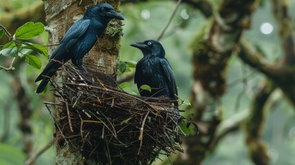   Black birds perch atop a verdant tree's nest