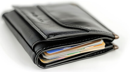 Black leather wallet with euro banknotes isolated on a white background.