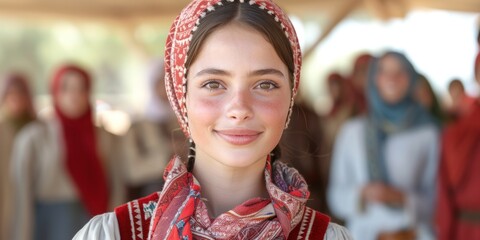 Fototapeta premium A woman wearing a red head scarf and a red scarf around her neck