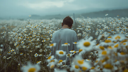 The mysterious presence of a man surrounded by a dense fog and a field of daisies evokes a sense of solitude and introspection