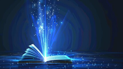 An e-learning concept in a digital futuristic style, featuring a beam of light emerging from an open book. Vector illustration set against a dark night background.