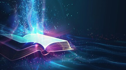 An e-learning concept in a digital futuristic style, featuring a beam of light emerging from an open book. Vector illustration set against a dark night background.
