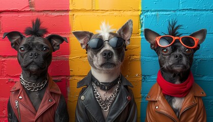 Dogs wearing punk rock leather jackets in front of colorfuli wall
