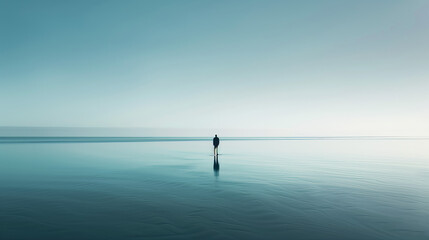Depicts the feeling of isolation as a solo figure stands amidst an endless sea, under a clear sky