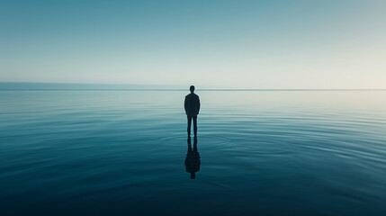 A thought-provoking image of a solitary person against the backdrop of a vast, calm ocean - obrazy, fototapety, plakaty