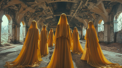 A surreal fashion photoshoot featuring models in avant-garde golden dresses inspired in the style of the movie Dune, standing on an empty indoor track 