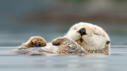   A tight shot of a small aquatic creature with its head atop a larger one, united on the water