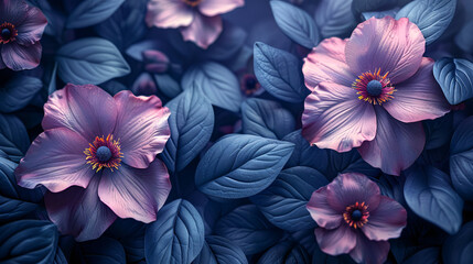 Midnight Floral Canvas: Vibrant Red on Blue Botanical Patterns