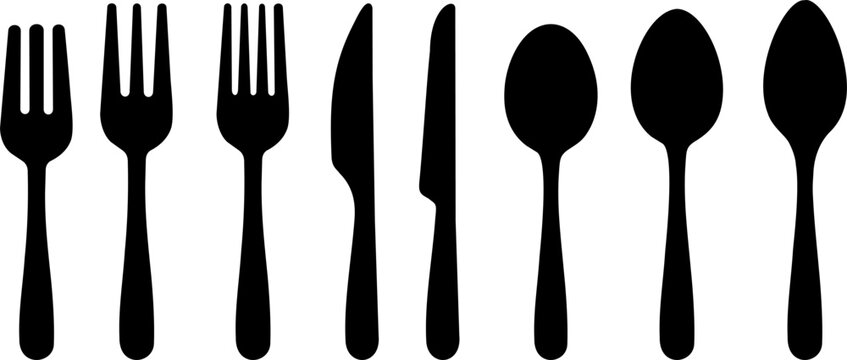 Spoon, knife, fork icon set, Dining silverware Silhouette, cutlery, Vector illustration.