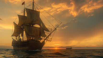Obraz premium An impressive tall ship with full sails on the golden waters under the setting sun, evoking feelings of adventure and exploration