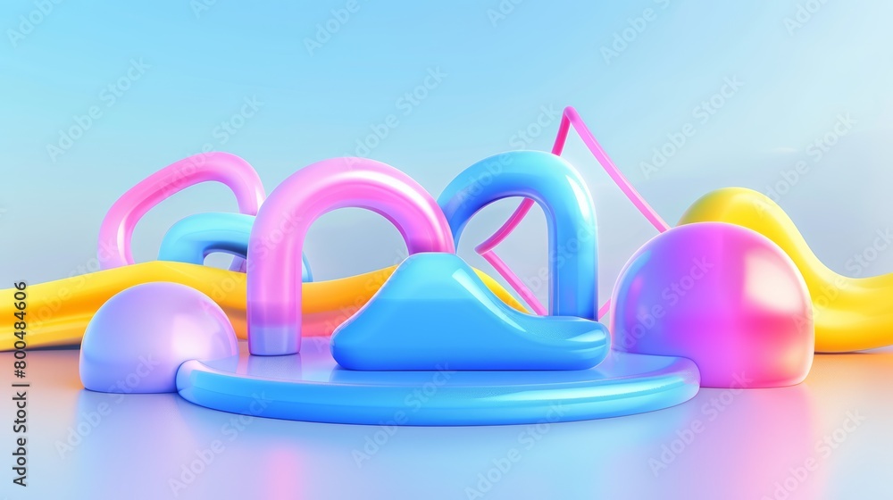 Poster abstract 3d render featuring a dynamic composition of floating geometric shapes in a surreal, vibran