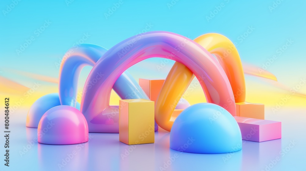 Poster abstract 3d render featuring a dynamic composition of floating geometric shapes in a surreal, vibran