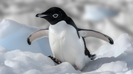 Obraz premium A black-and-white penguin stands atop a mound of snow, wings spread wide, eyes gazing intently