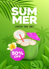 Summer sale, coconut fruit fresh and flower tropical green leaf poster design green background, Eps 10 vector illustration
