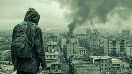   A man in a hooded jacket gazes out at a city with smoke rising from building stacks