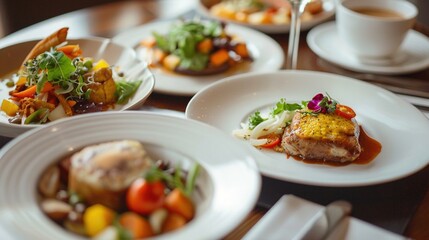 photo of meals in restaurant. A lavish spread of various Asian dishes on a wooden table. Assorted Asian Cuisine Selection