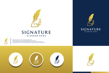 Feather pen, gold signature, elegant and minimalist design, for your company business, logo design template.