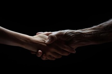 Two hands shaking in a dark room. Concept of trust and respect between the two people