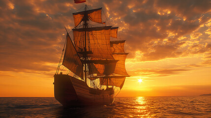 Obraz premium A majestic tall ship sails on a golden ocean beneath a vibrant sunset sky, reflecting the day's last light