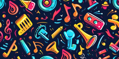 Obraz premium music icons in simple outline doodle colored design scattered on a full background