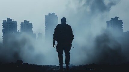   A man atop a hill gazes upon a metropolis shrouded in fog, towering structures piercing the cloud cover
