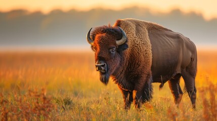   A bison in a field of tall grass during sunset