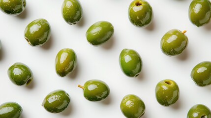 green olives scattered on a neutral background