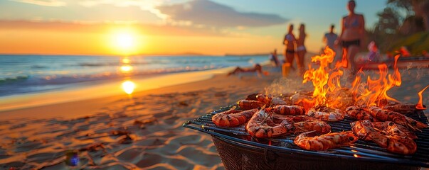 Friends enjoy a fun beach barbecue, grilling seafood and veggies, with the sunset casting a warm glow on the sandy setting