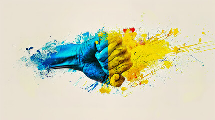 Image of the Ukraine flag, color mix, paint splashes, shape a 3D hand fist, minimalist, white...