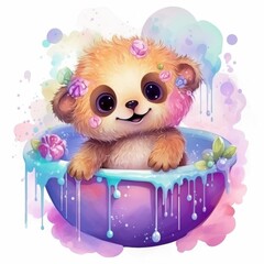 Fototapeta premium Whimsical Watercolor Bathtub Sloth Enjoying Fairy Tale Bubbles in Vibrant Neon Palette