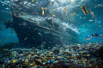 Sunken Ship and Industrial Waste Underwater Scene
