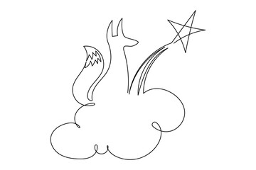 Line Art Fox, Star and Cloud Illustration. Doodle Simple Contour Outline Sketch Isolated on White.  Symbol Mascot Romantic Dreamy Character Lookin on Abstract Star. Animal Pet Love Theme Concept
