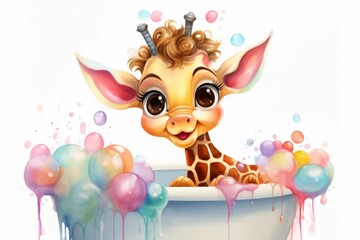 Adventurous Baby Giraffe Playfully Cleans Neck with Colorful Bubbles in Whimsical Bathtub