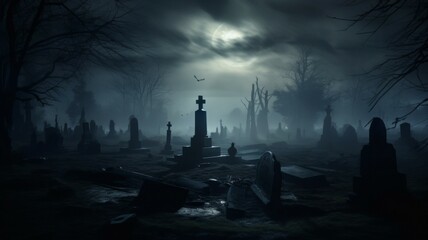 Atmospheric Halloween Night Fog Creeping Over Ancient Cemetery Tombstones Under Full Moon