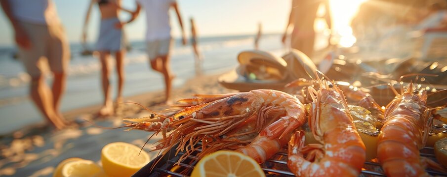Friends enjoy a casual beach barbecue grilling seafood and veggies, soaking up the warm sunset glow on a perfect summer evening