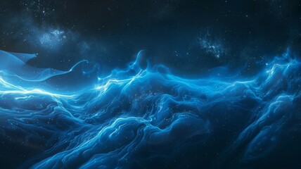 Captivating Azure Energy Waves Flowing Across Starry Cosmic Backdrop Representing Tranquility and Healing Powers of Nature